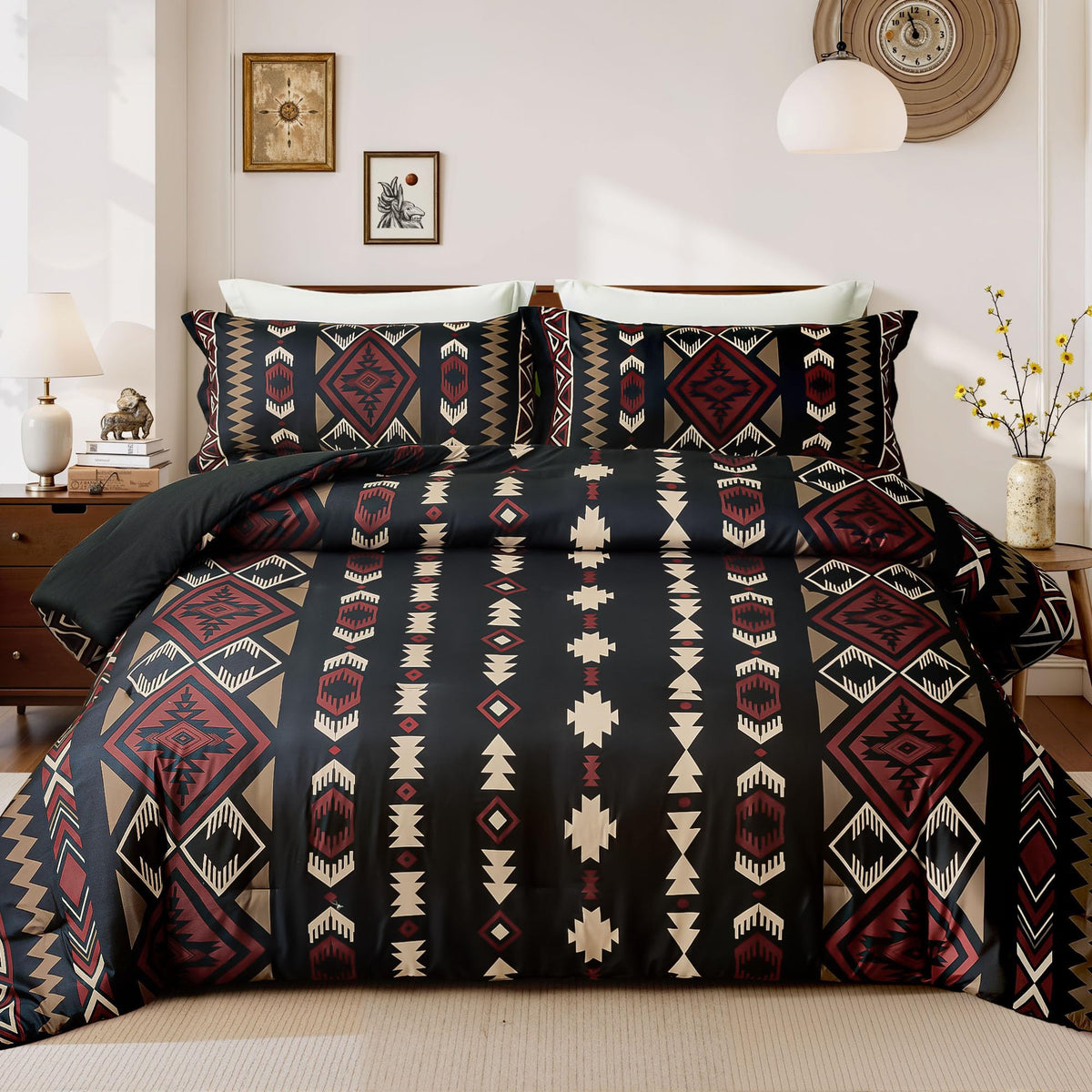 Tyrot King Comforter Set – 3 Piece Brown Boho Aztec Bedding, Western Southwestern Style Comforter Sets, Soft Lightweight Comforter for All Seasons, 1 Comforter & 2 Pillow Shams