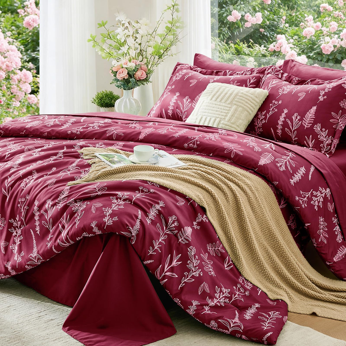 MUXHOMO Beige Full Comforter Set, Elegant Floral Print Bed in a Bag 7 Pieces, Ultra Soft & Breathable Reversible Botanical Pattern Bedding Set with Comforter, Sheets, Pillowcases, and Shams