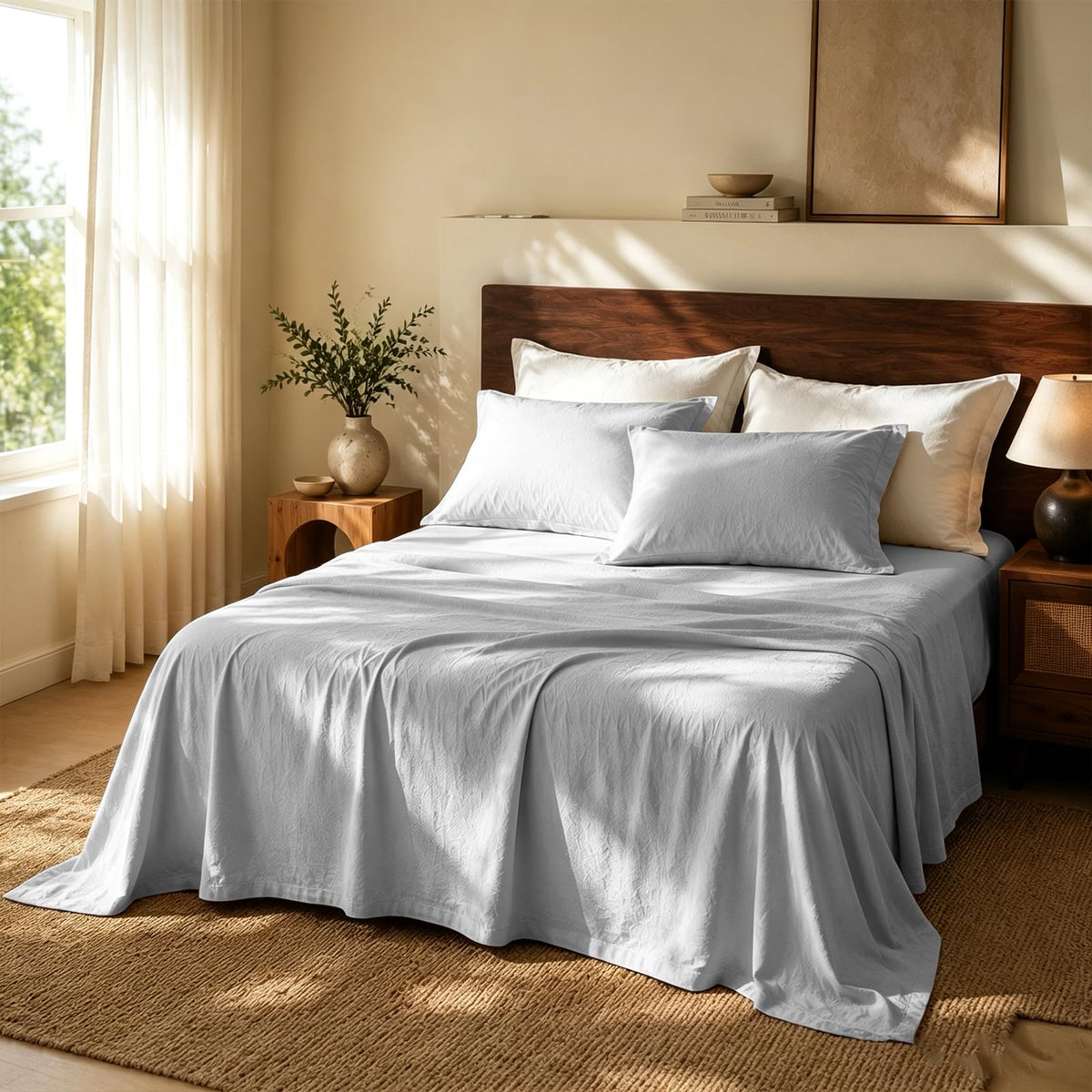 MEISHANG 100% French Linen Sheets Queen,4 Pcs,18-24" Extra Deep Pocket