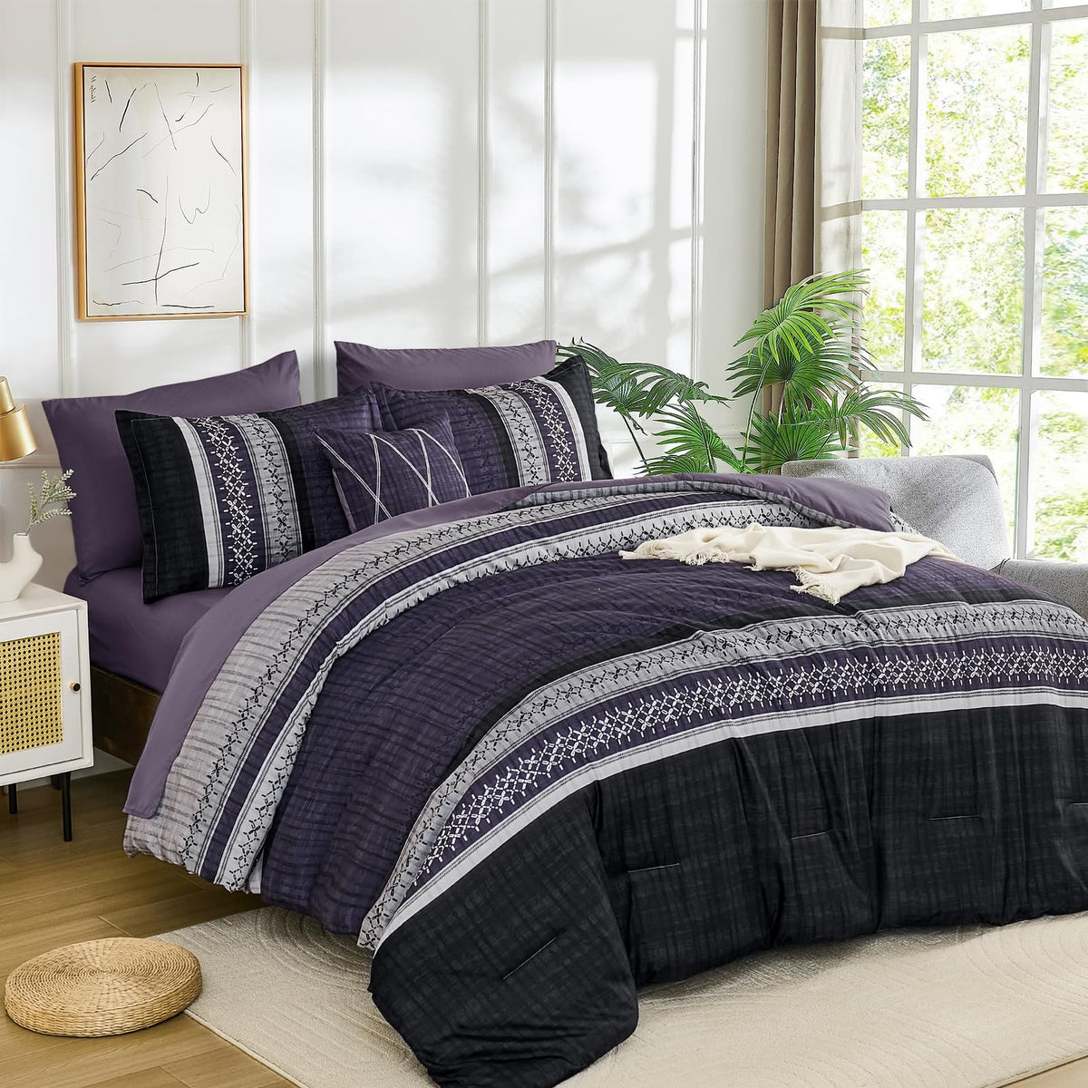 Dintszyayue Sage Green King Comforter Size Set, 8 Pieces Striped Boho Texture Bed in a Bag Sets, Lightweight Soft Bohemian Comforter and Sheet Set, All Season Microfiber Bedding Sets for Men Women