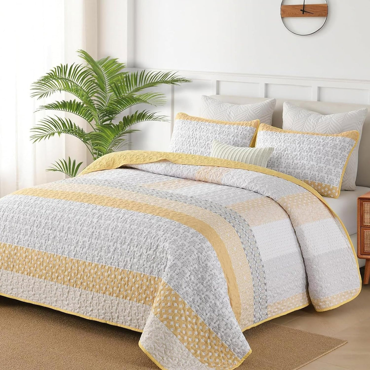 WONGS BEDDING Beige Quilt Queen Size, Boho Striped Bedspread