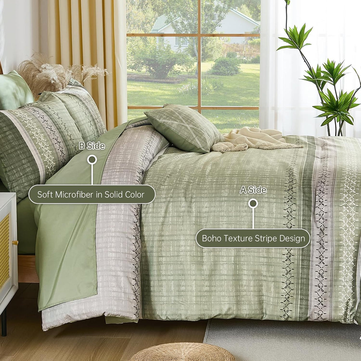 Dintszyayue Sage Green King Comforter Size Set, 8 Pieces Striped Boho Texture Bed in a Bag Sets, Lightweight Soft Bohemian Comforter and Sheet Set, All Season Microfiber Bedding Sets for Men Women