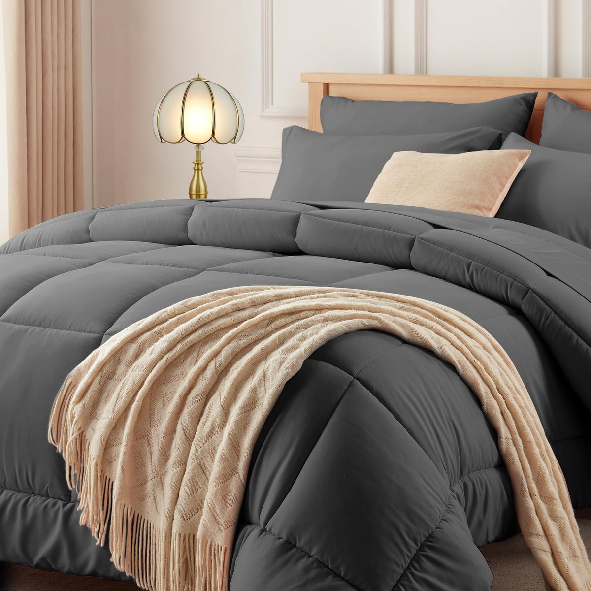 Newspin Queen Comforter Set 8 Pieces Bed in a Bag Soft Bedding Set Beige