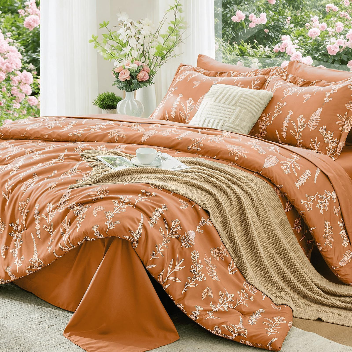 MUXHOMO Beige Full Comforter Set, Elegant Floral Print Bed in a Bag 7 Pieces, Ultra Soft & Breathable Reversible Botanical Pattern Bedding Set with Comforter, Sheets, Pillowcases, and Shams