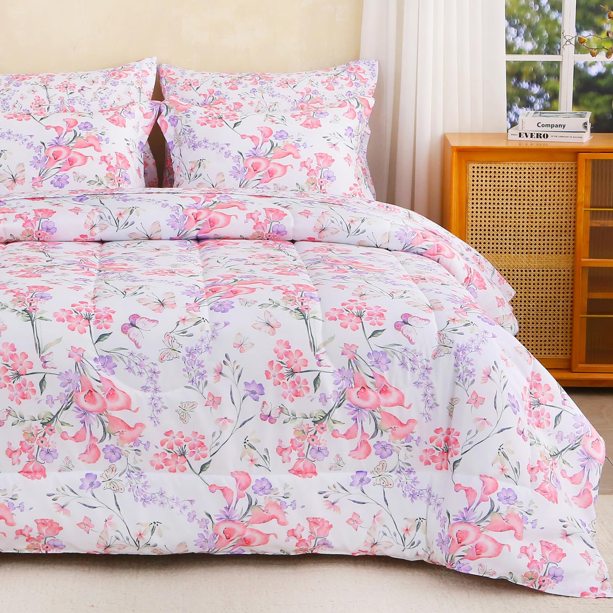 lasoftan Floral Queen Comforter Set with Sheets, 7 piece Luxury Vintage Bedding, Soft Microfiber Bed in a Bag, Cozy Lightweight Bed Set, Damask Boho Flower