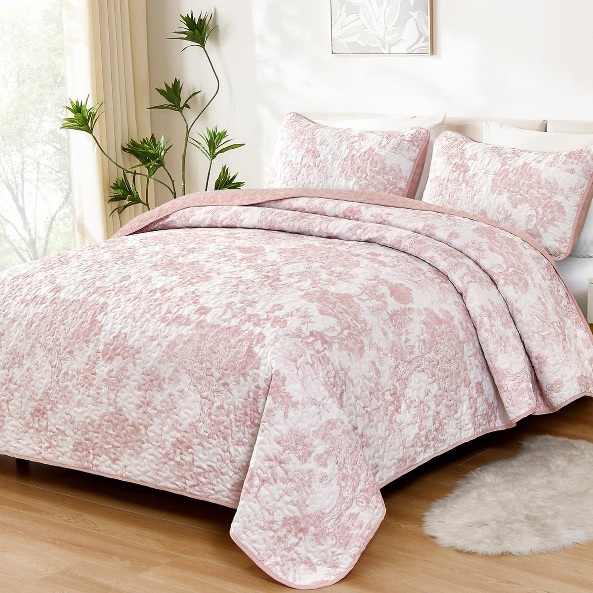 WONGS BEDDING Sage Green Quilt Set Queen Size, Botanical Floral Bedspread
