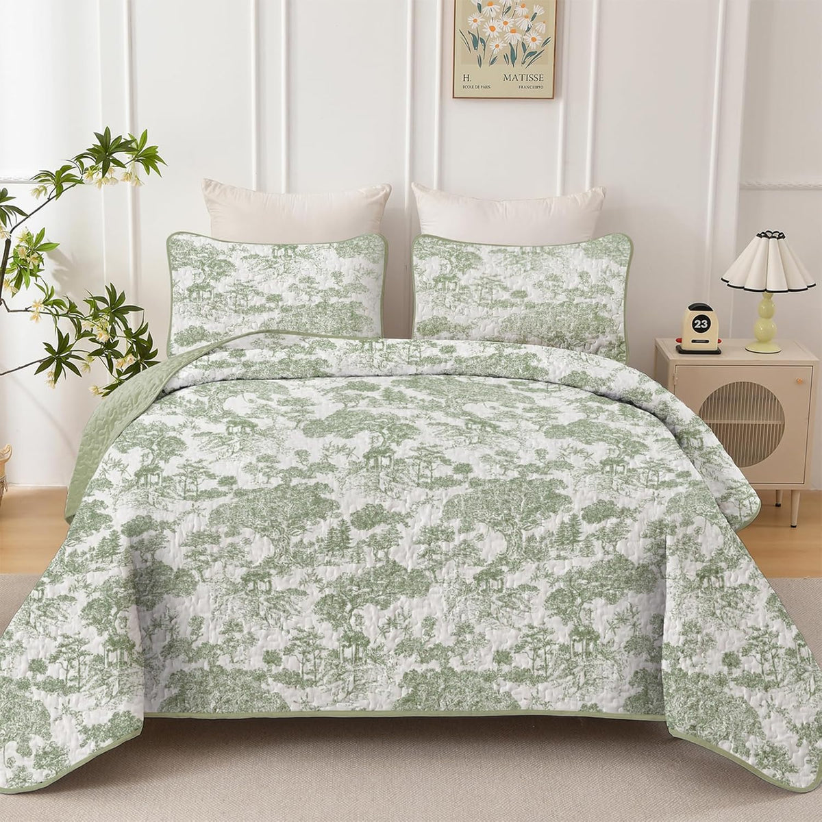 WONGS BEDDING Sage Green Quilt Set Queen Size, Botanical Floral Bedspread