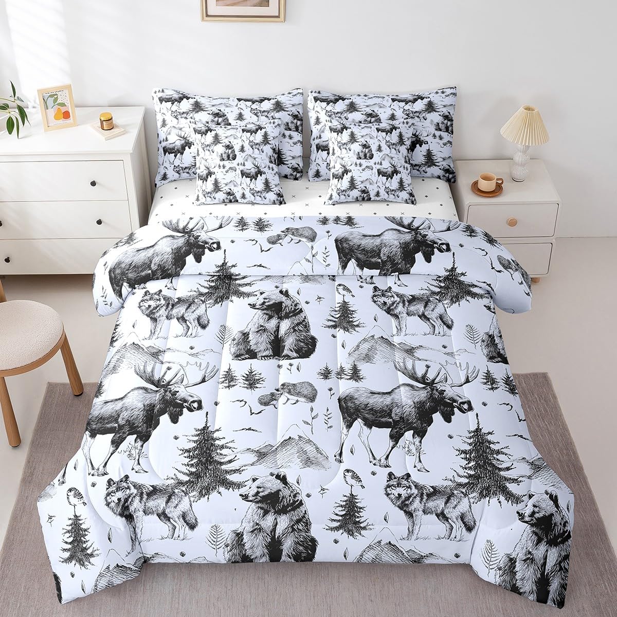 Erosebridal 7 Pcs Rustic Cow Comforter Set King Size,Western Texas Star Bed in a Bag with Flat Fitted Sheet for Cowboy Cowgirl,Cowhide Cow Print Bedding Set with Pillowcases and Cushion Cases
