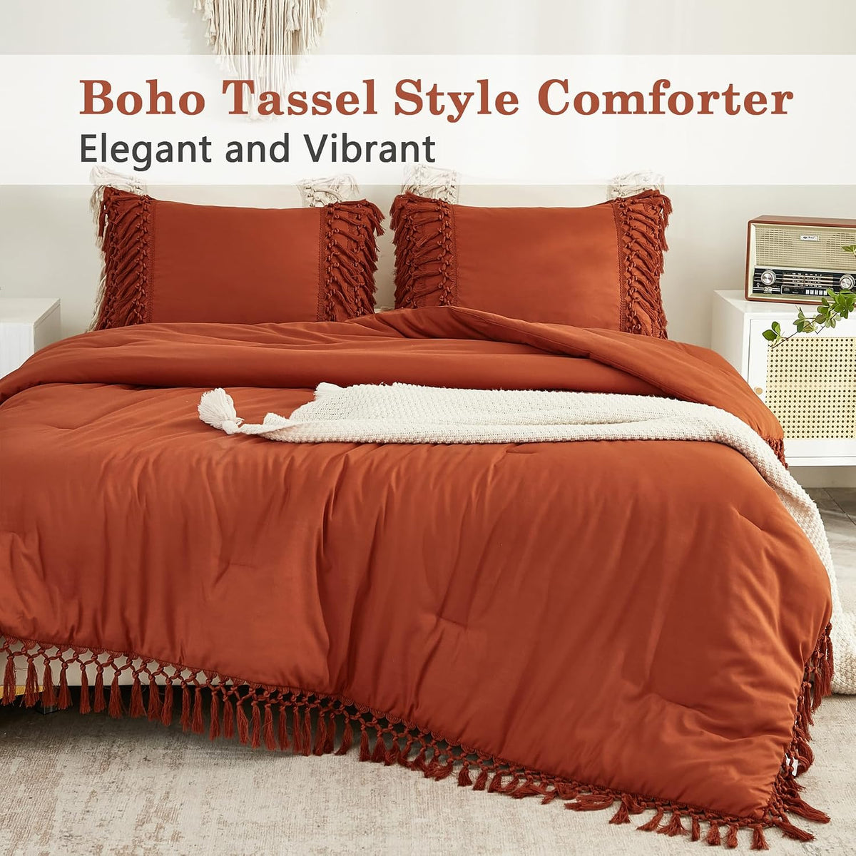 Andency Terracotta Comforter Set Queen, 3 Pieces Boho Tassel Bedding