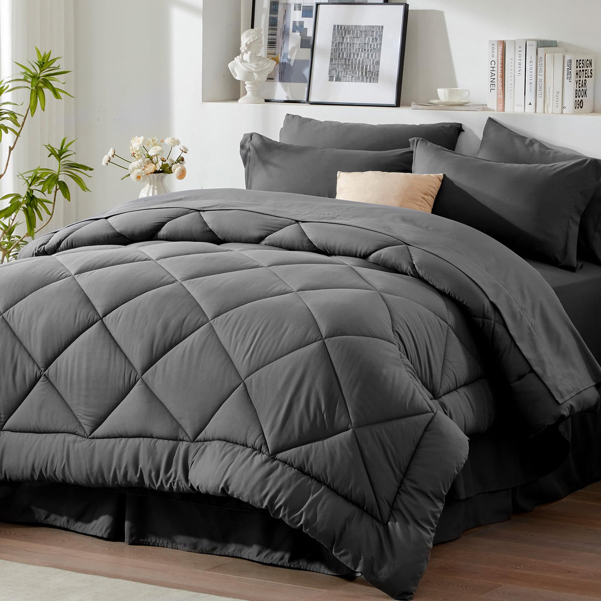 Newspin Queen Comforter Set 8 Pieces Bed in a Bag Soft Bedding Set Beige