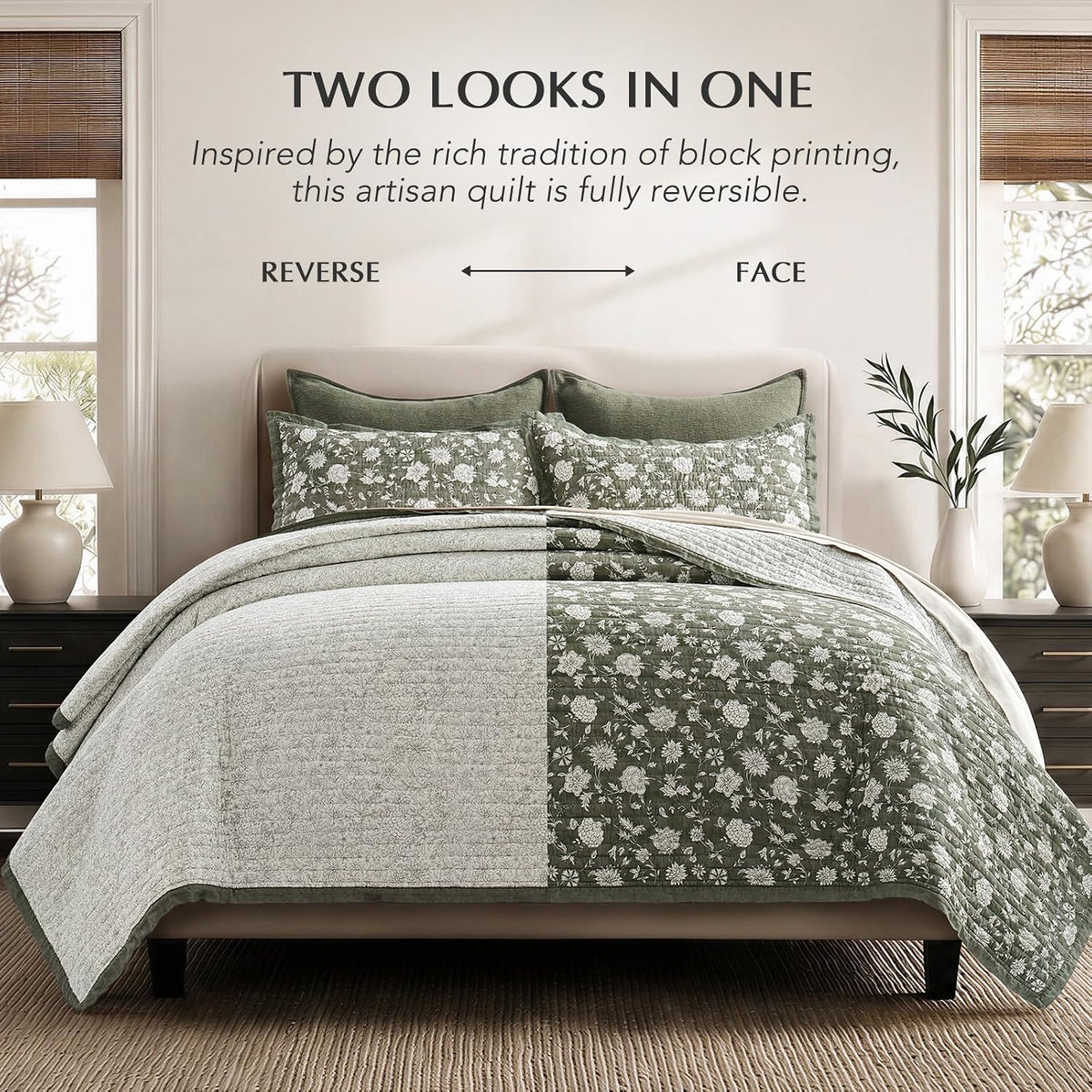 EverGrace 100% Cotton Floral Quilt Set, King Size, Sage Green 108"×96"