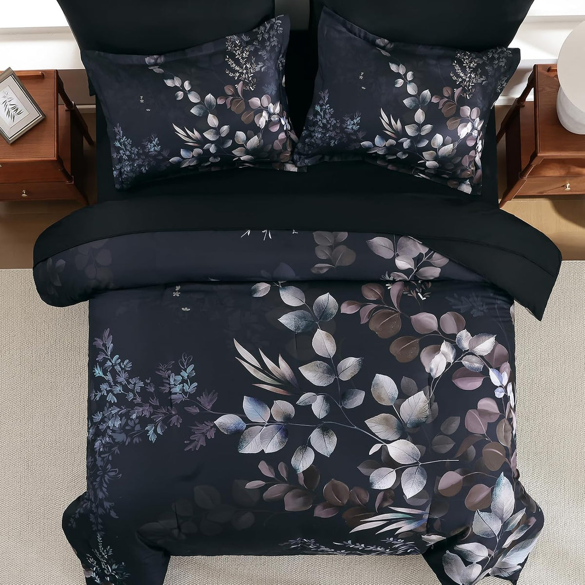 Xruibed Black Comforter Set King Size 7 Pieces Leaf Bed in a Bag Set