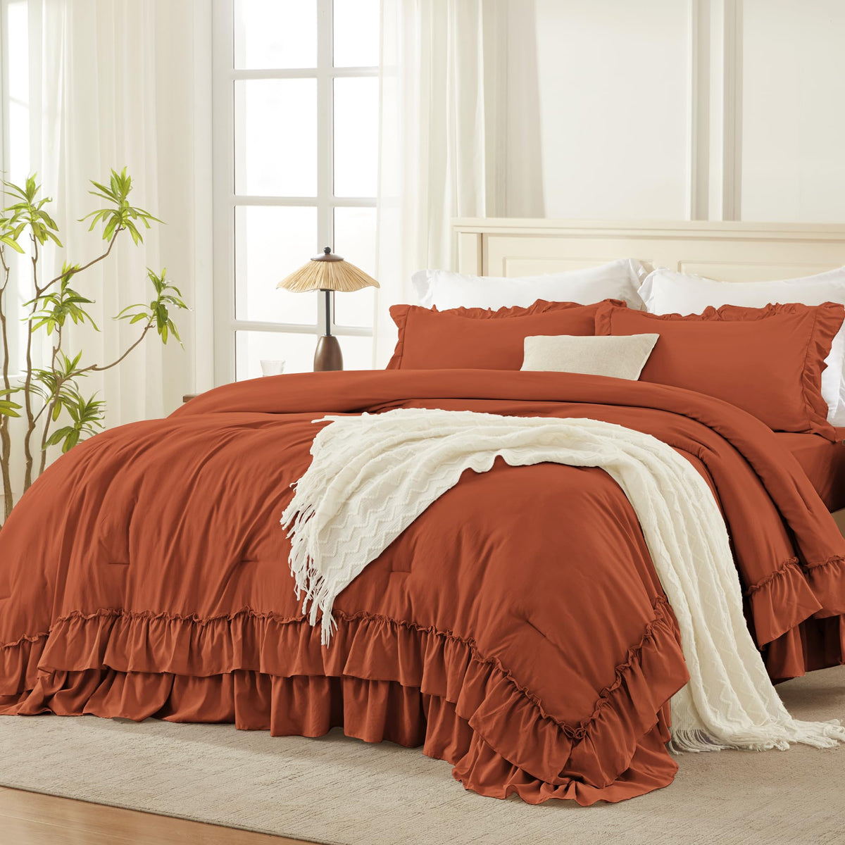 Andency Beige Ruffle Full Size Comforter Set, 3 Pieces