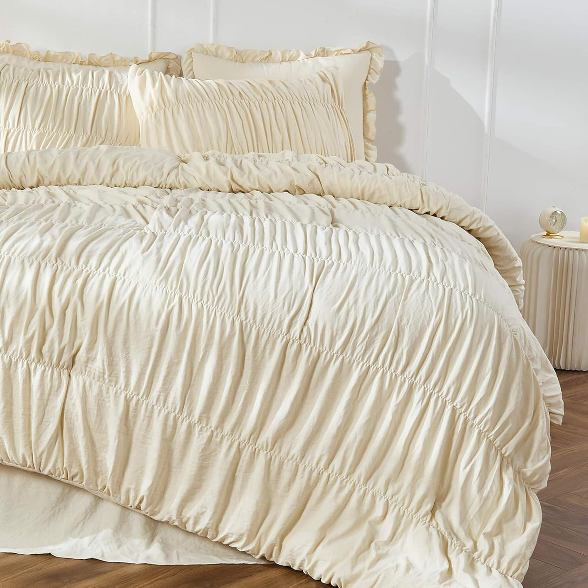 Bonlino Wheat Ruched Comforter Set Queen Size Ruffle Comforter Bedding