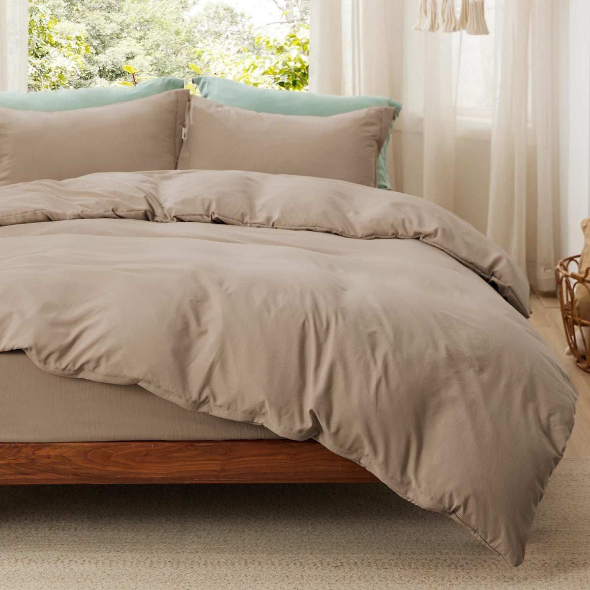 Bedsure Prewashed Duvet Cover Queen, Cotton-Like Soft Bedding Set, Beige