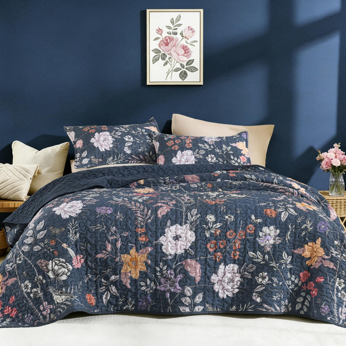 Litanika Floral Black Quilt King - 3Pcs Summer Boho Bedding Set