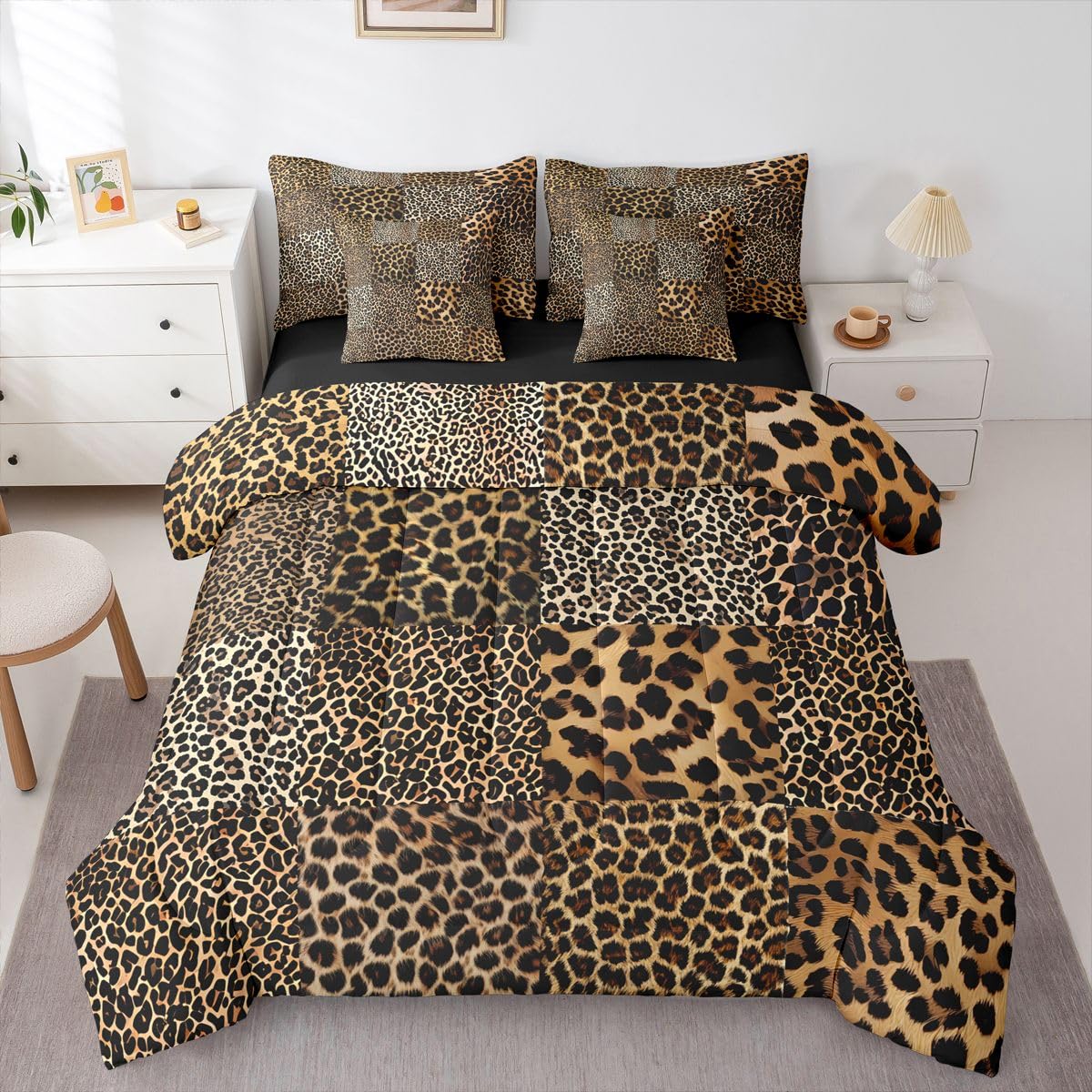 Feelyou Cute Leopard Bedding Set for All Season Cheetah 7 Pieces Comforter Sets Full Size Teens Room Decor Pink Animal Print Bed in a Bag with Comforter, Sheets, Pillowcases & Cushion Cover
