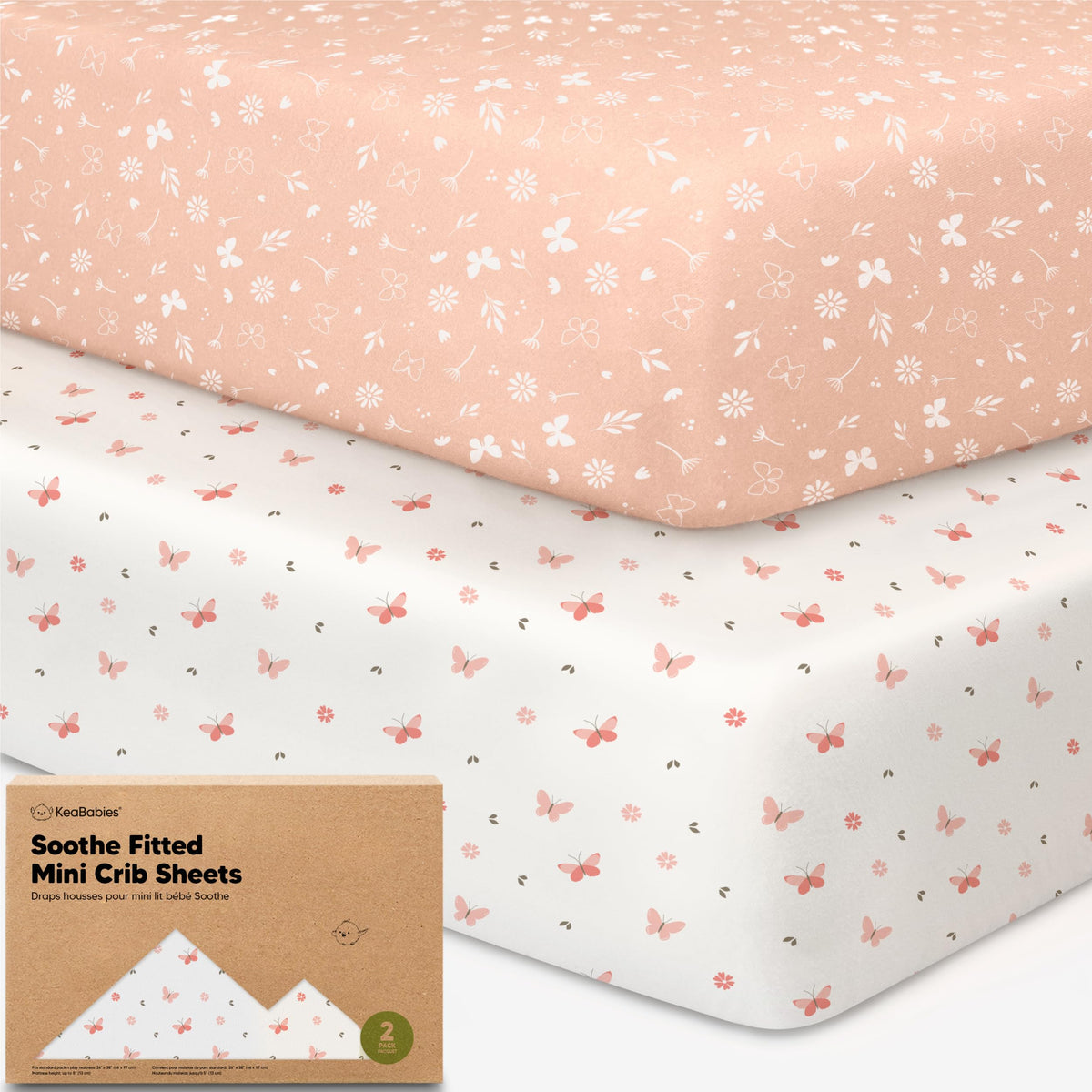 2-Pack Mini Crib Sheets Fitted, 38x26 Pack N Play Mattress Sheets (Elly)