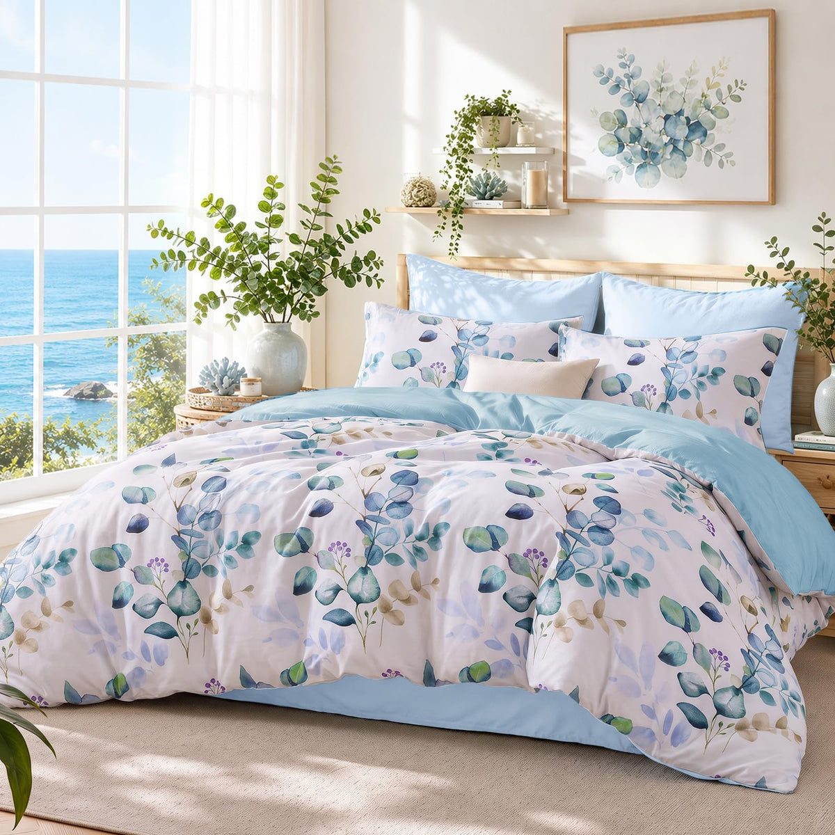 MUXHOMO Beige Full Comforter Set, Elegant Floral Print Bed in a Bag 7 Pieces, Ultra Soft & Breathable Reversible Botanical Pattern Bedding Set with Comforter, Sheets, Pillowcases, and Shams