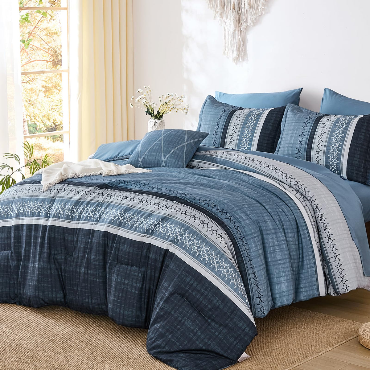 Dintszyayue Sage Green King Comforter Size Set, 8 Pieces Striped Boho Texture Bed in a Bag Sets, Lightweight Soft Bohemian Comforter and Sheet Set, All Season Microfiber Bedding Sets for Men Women