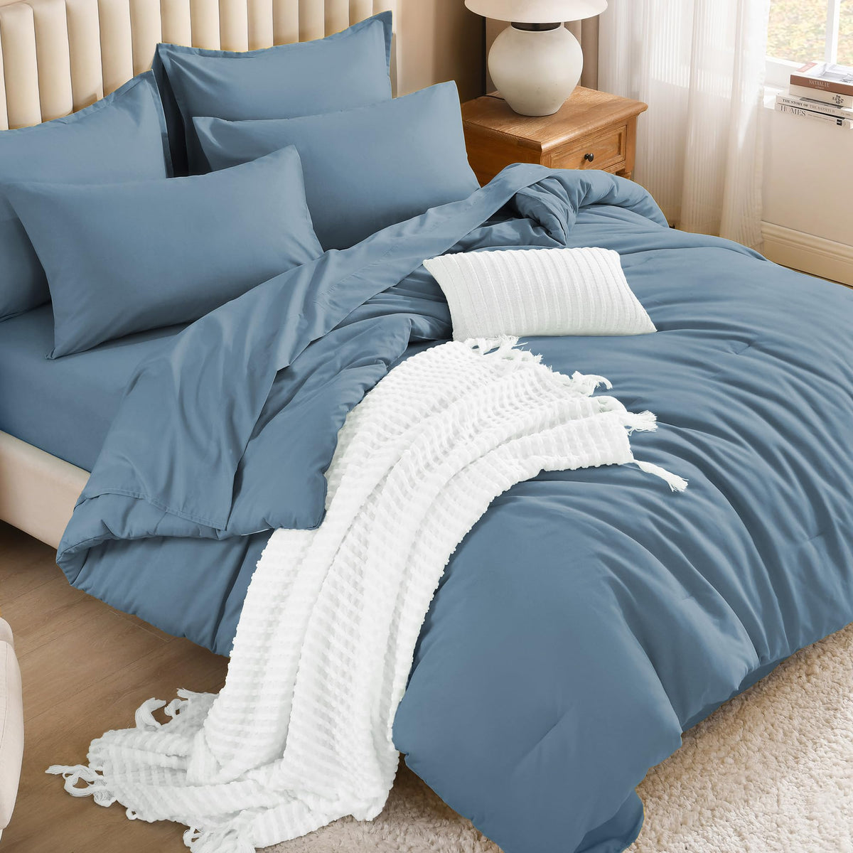 Litanika King Comforter Set with Sheets Beige - 7 Pieces Solid Bed in a Bag