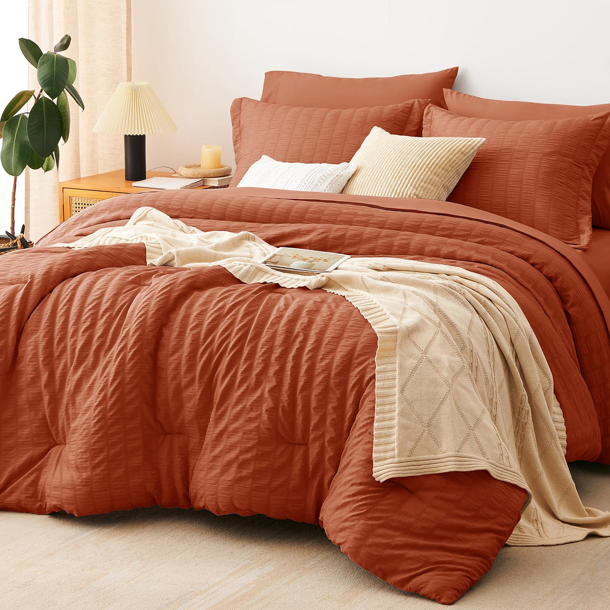 CozyLux Queen Comforter Set, 7 Pieces Beige Seersucker Bed in a Bag