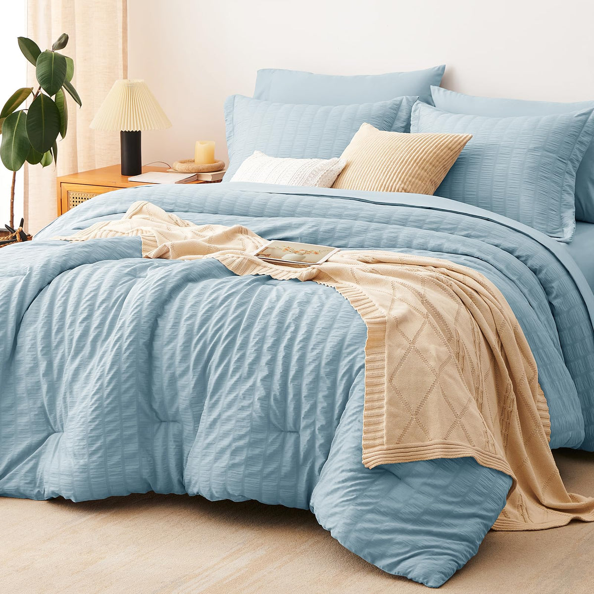 CozyLux Queen Comforter Set, 7 Pieces Beige Seersucker Bed in a Bag