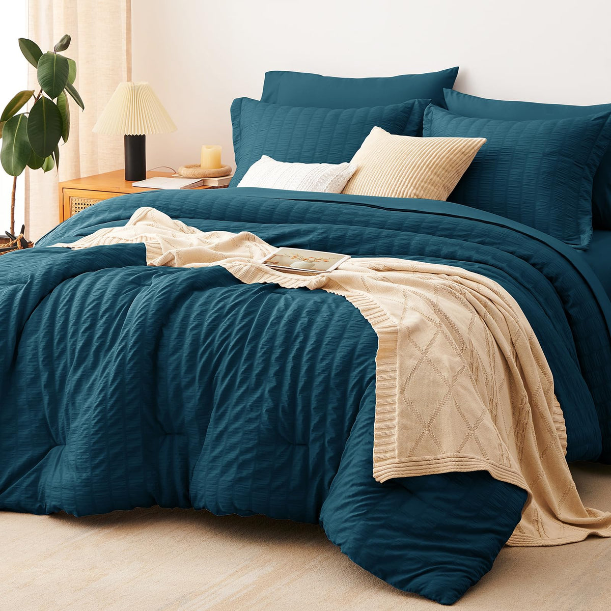CozyLux Queen Comforter Set, 7 Pieces Beige Seersucker Bed in a Bag
