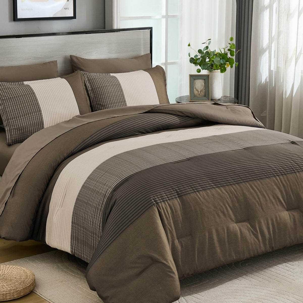 Anibedding Striped Comforter Set Queen Size, Boho Brown Green Striped Bedding Comforter Set 7 Piece Bed in a Bag, Soft Microfiber Down Alternative Farmhouse Bedding Set for All Season(90"x90")