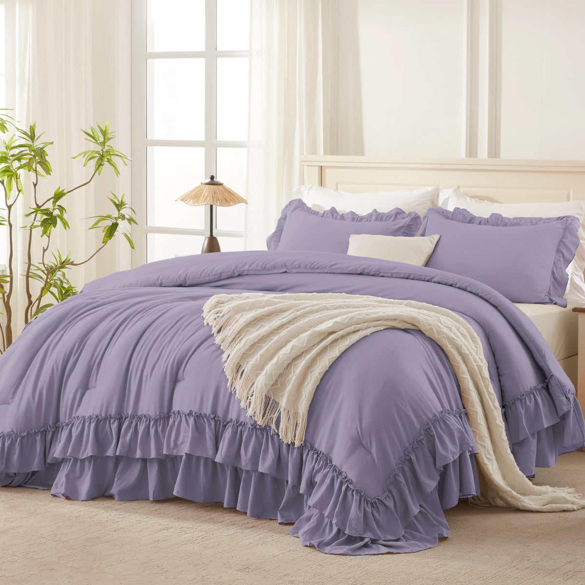 Andency Beige Ruffle Full Size Comforter Set, 3 Pieces