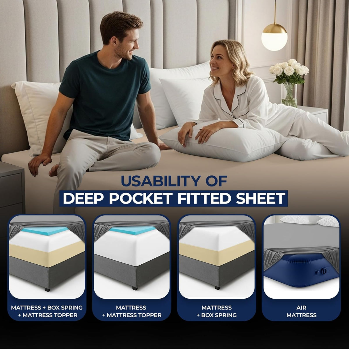 Extra Deep Pocket King Fitted Sheet, Fits 16-21 Inch Mattress, Beige