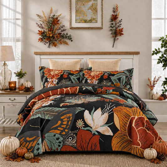 Tyrot 3 Piece Black Boho Floral Butterfly King Quilt Bedding Sets
