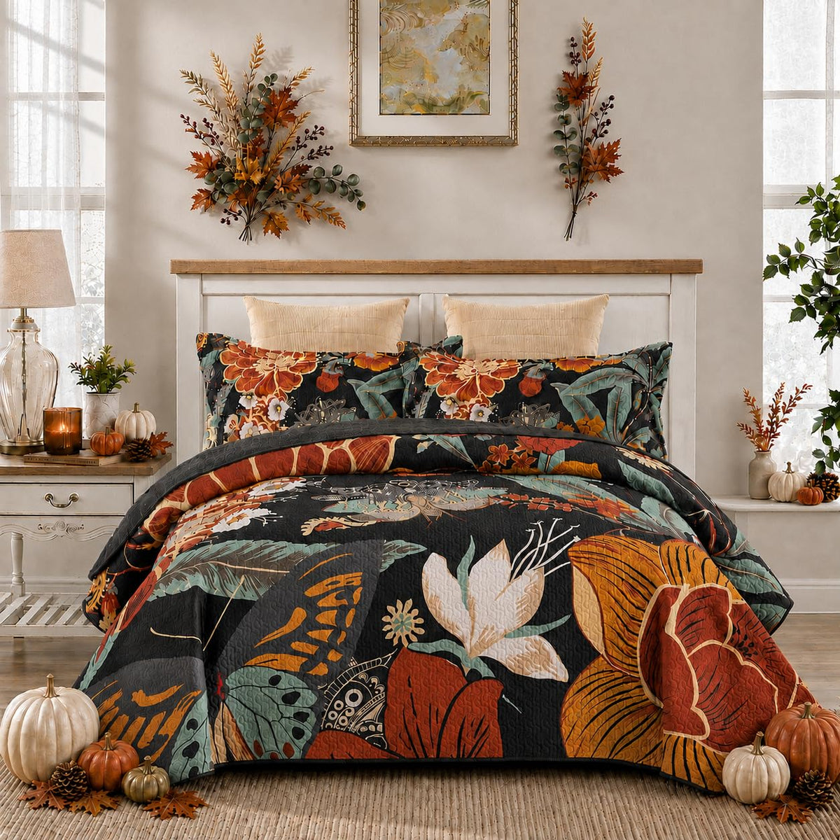 Tyrot 3 Piece Black Boho Floral Butterfly King Quilt Bedding Sets