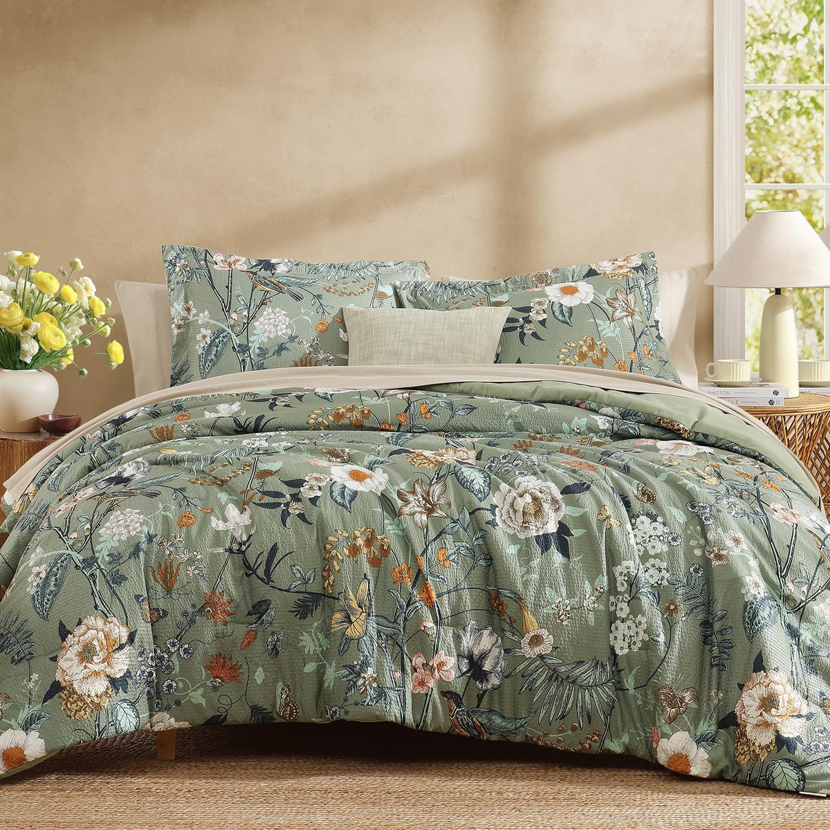 Queen Comforter Set - 7 Pieces Soft Floral Bed in a Bag Queen Bedding Sets