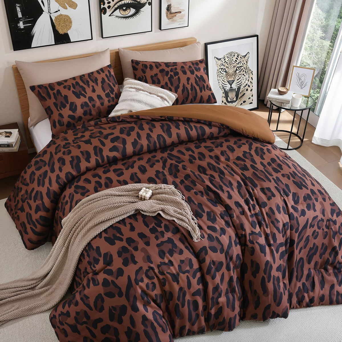 Cheetah Print Comforter Set Queen, Luxury Leopard Print Bedding, Brown