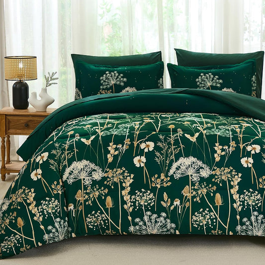 Yiran Queen Comforter Set, 7 Piece Floral Dark Green Bedding Set, Dandelion Botanical Bed in a Bag Queen, Soft Microfiber Complete Bedding Set with Comforter, Sheets, Pillowcases & Shams
