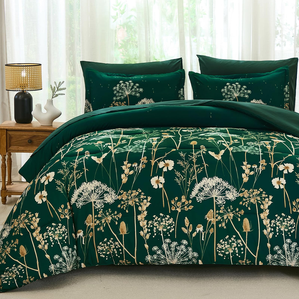 Yiran Queen Comforter Set, 7 Piece Floral Dark Green Bedding Set, Dandelion Botanical Bed in a Bag Queen, Soft Microfiber Complete Bedding Set with Comforter, Sheets, Pillowcases & Shams