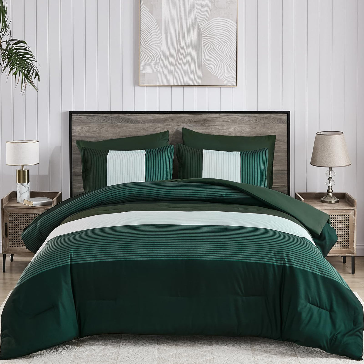 Anibedding Striped Comforter Set Queen Size, Boho Brown Green Striped Bedding Comforter Set 7 Piece Bed in a Bag, Soft Microfiber Down Alternative Farmhouse Bedding Set for All Season(90"x90")