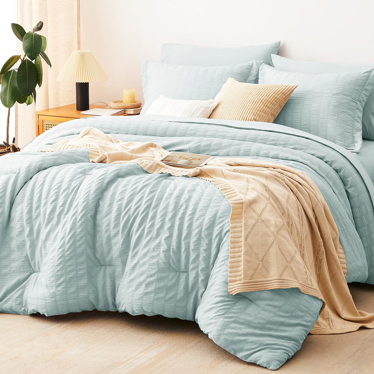 CozyLux Queen Comforter Set, 7 Pieces Beige Seersucker Bed in a Bag