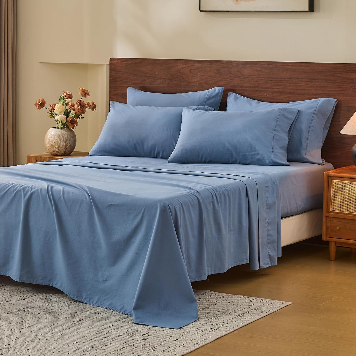 MEISHANG 100% French Linen Sheets Queen,4 Pcs,18-24" Extra Deep Pocket