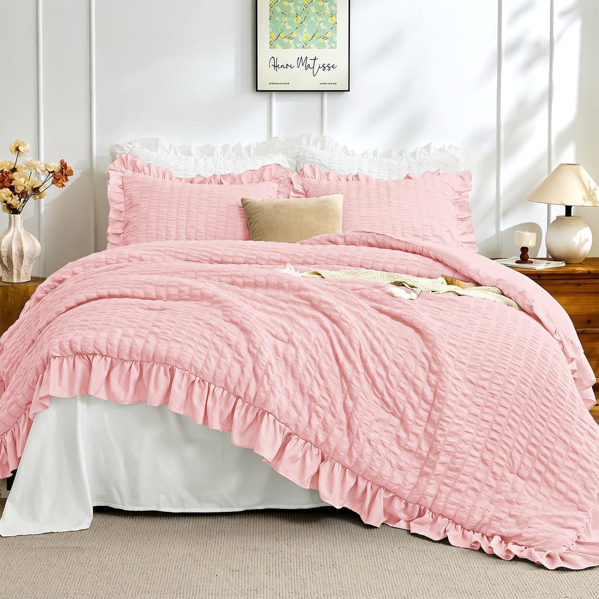 JOLLYVOGUE Ivory Comforter Full Size, 3 Pieces Seersucker Lightweight Full Size Bedding, All Season Fluffy Microfiber Bedding Comforter Set with 1 Ruffle Comforter and 2 Ruffle Pillowshams