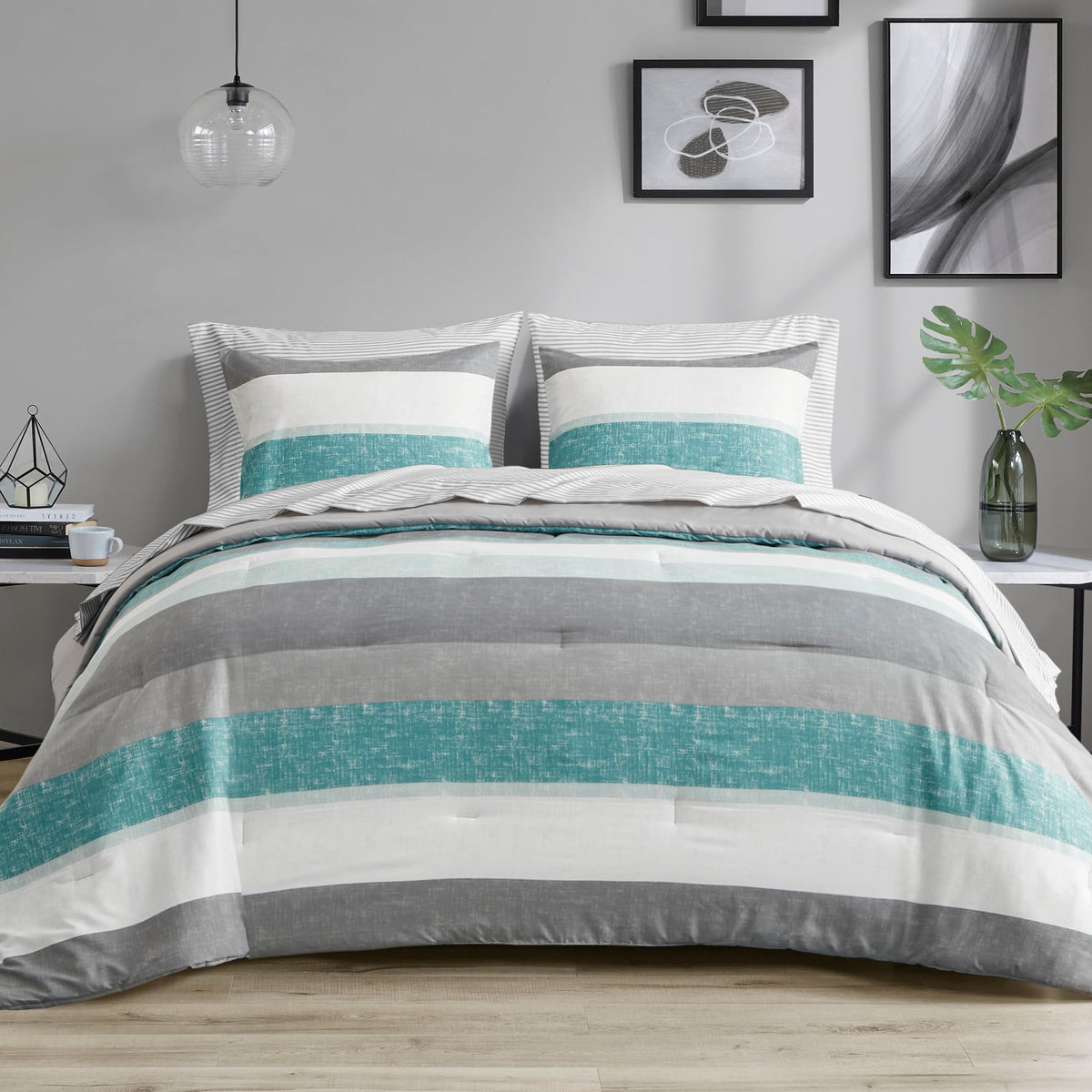 Madison Park Essentials Queen Comforter Set, Bed in A Bag Comforter & Sheet Set, Modern Casual Stripes Print, All Seasons, Soft Microfiber Bedding Makeover, Matching Shams, Queen Taupe/Grey 7 Piece
