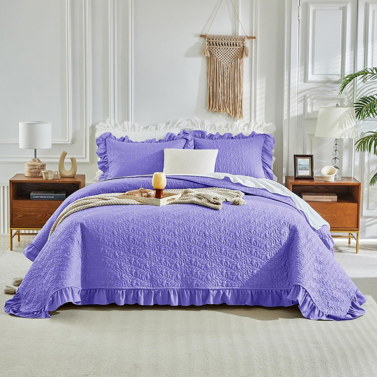 Ruffled Quilt Set King Size 96 * 108in - 3 Pieces Solid Shabby Chic Farmhouse Ruffle Bedding Rustic Coverlet & Sets Lightweight Fluffy Summer Oversized Bedspread with Shams for Women Men - Green