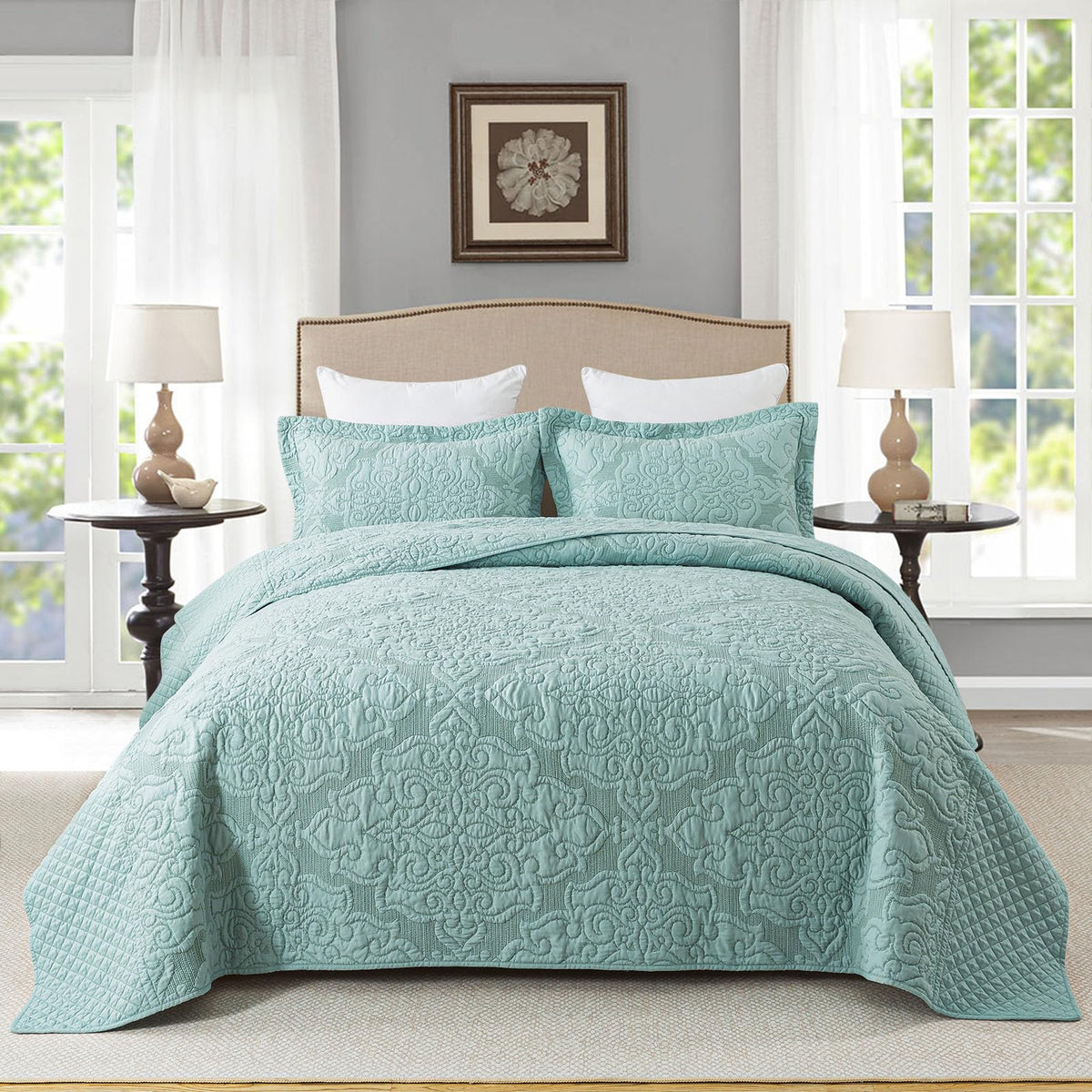 Travan 3-Piece Quilt Set Quilted Bedspread Lightweight Coverlet Set Garden Style Floral Printed Oversized Quilted Bedding Set with Shams for All Season, Exquisite, Queen Size