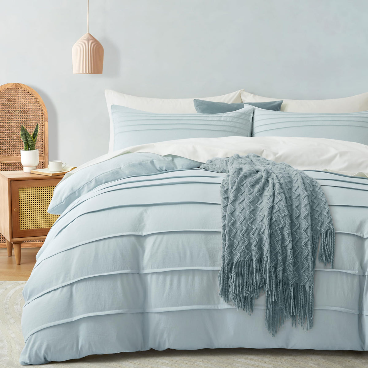 Oli Anderson 3PCS Pleated Duvet Cover Set, Sage Green, Queen