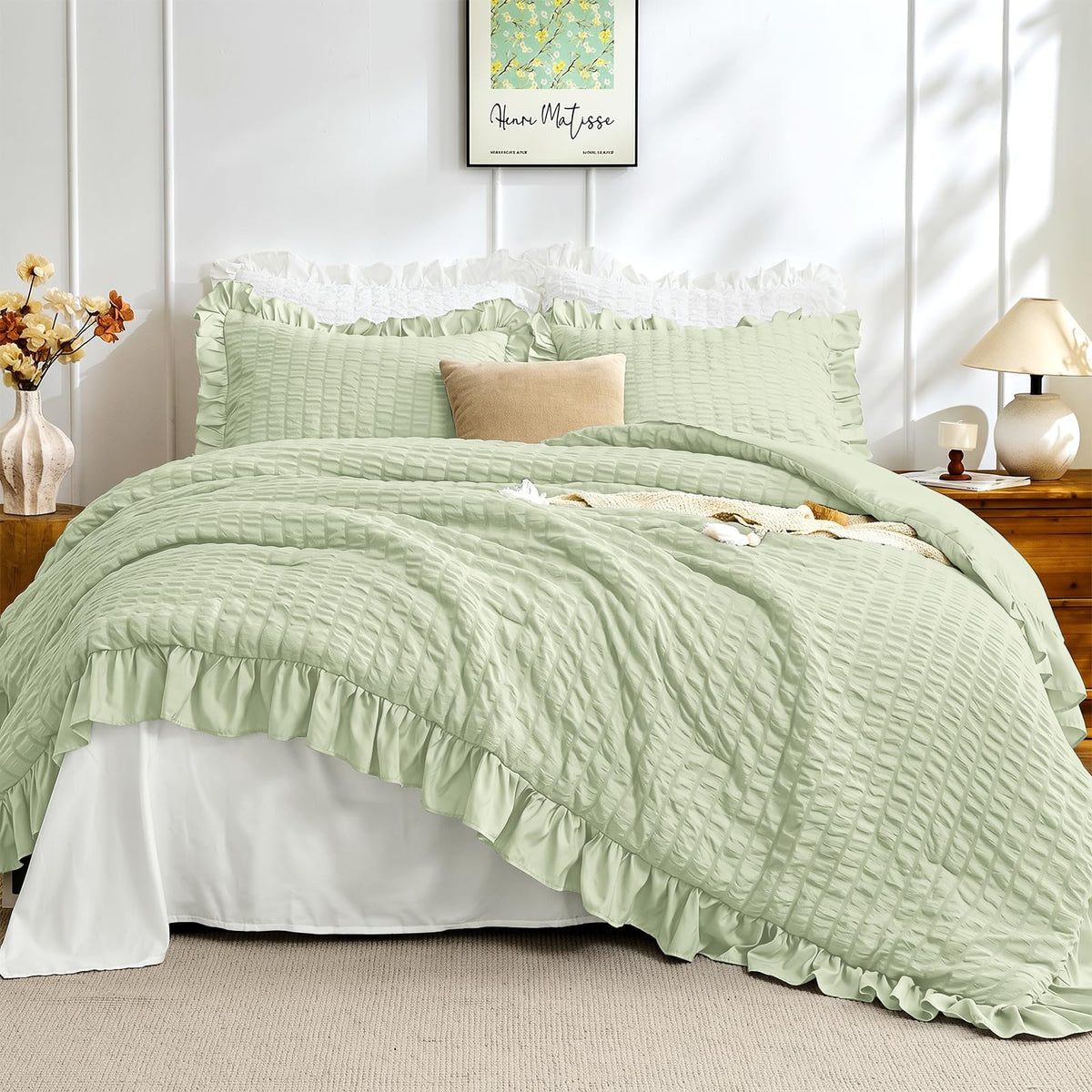 JOLLYVOGUE Ivory Comforter Full Size, 3 Pieces Seersucker Lightweight Full Size Bedding, All Season Fluffy Microfiber Bedding Comforter Set with 1 Ruffle Comforter and 2 Ruffle Pillowshams