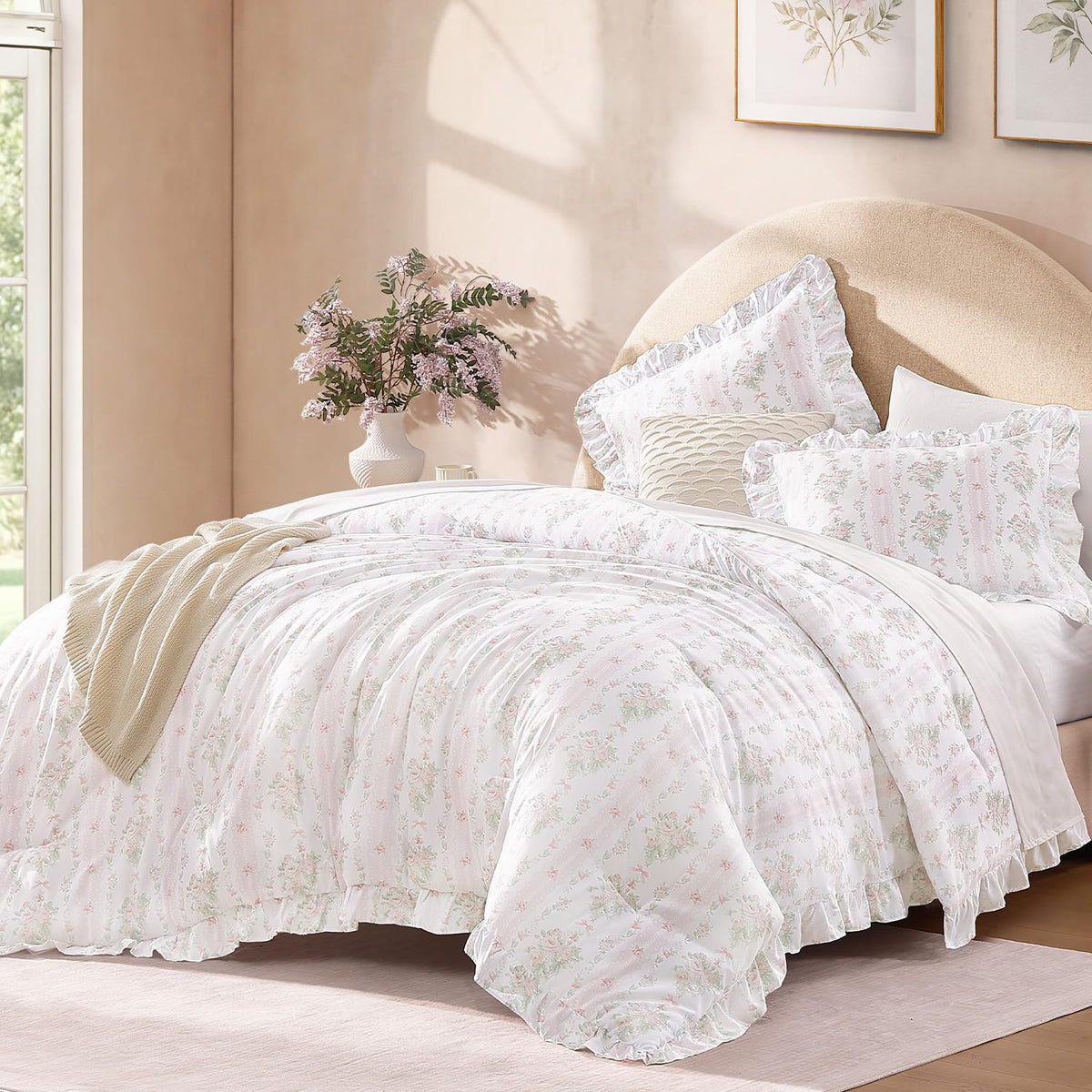 Andency Pink Ruffle Comforter Twin Size, 2 Pieces Soft Bed Set