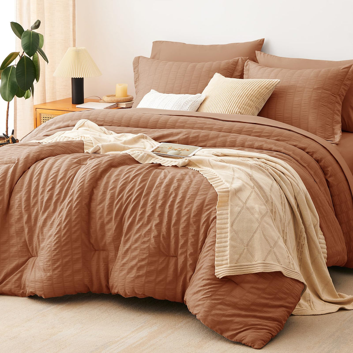 CozyLux Queen Comforter Set, 7 Pieces Beige Seersucker Bed in a Bag