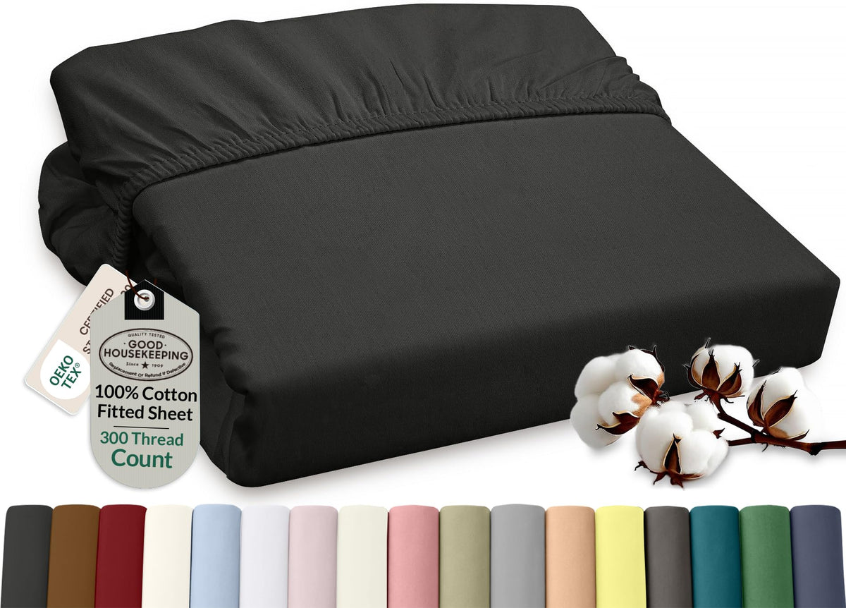ROYALE LINENS 300 Thread Count 100% Long Staple Combed Cotton Fitted Sheet Full - Super Soft Deep Pocket Bottom Sheet - Fitted Sheets Only - Elastic Sheets (Full, White)