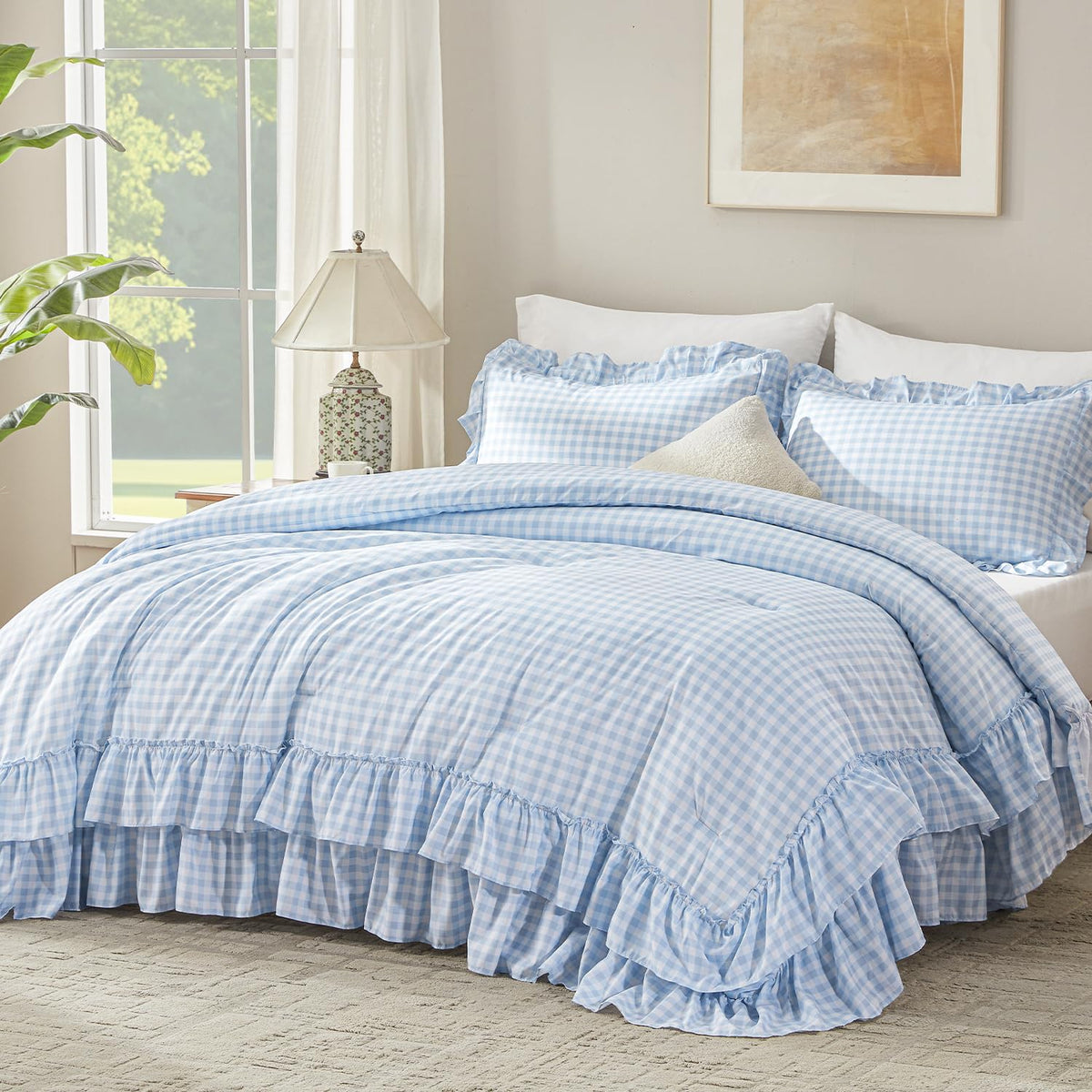 Andency Beige Ruffle Full Size Comforter Set, 3 Pieces